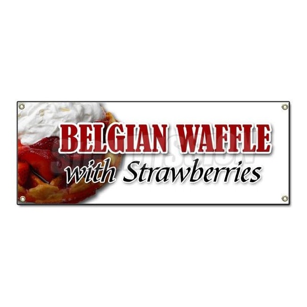BELGIAN WAFFLE WITH STRAWBERRIES BANNER SIGN whipped cream pecan strawberry hot